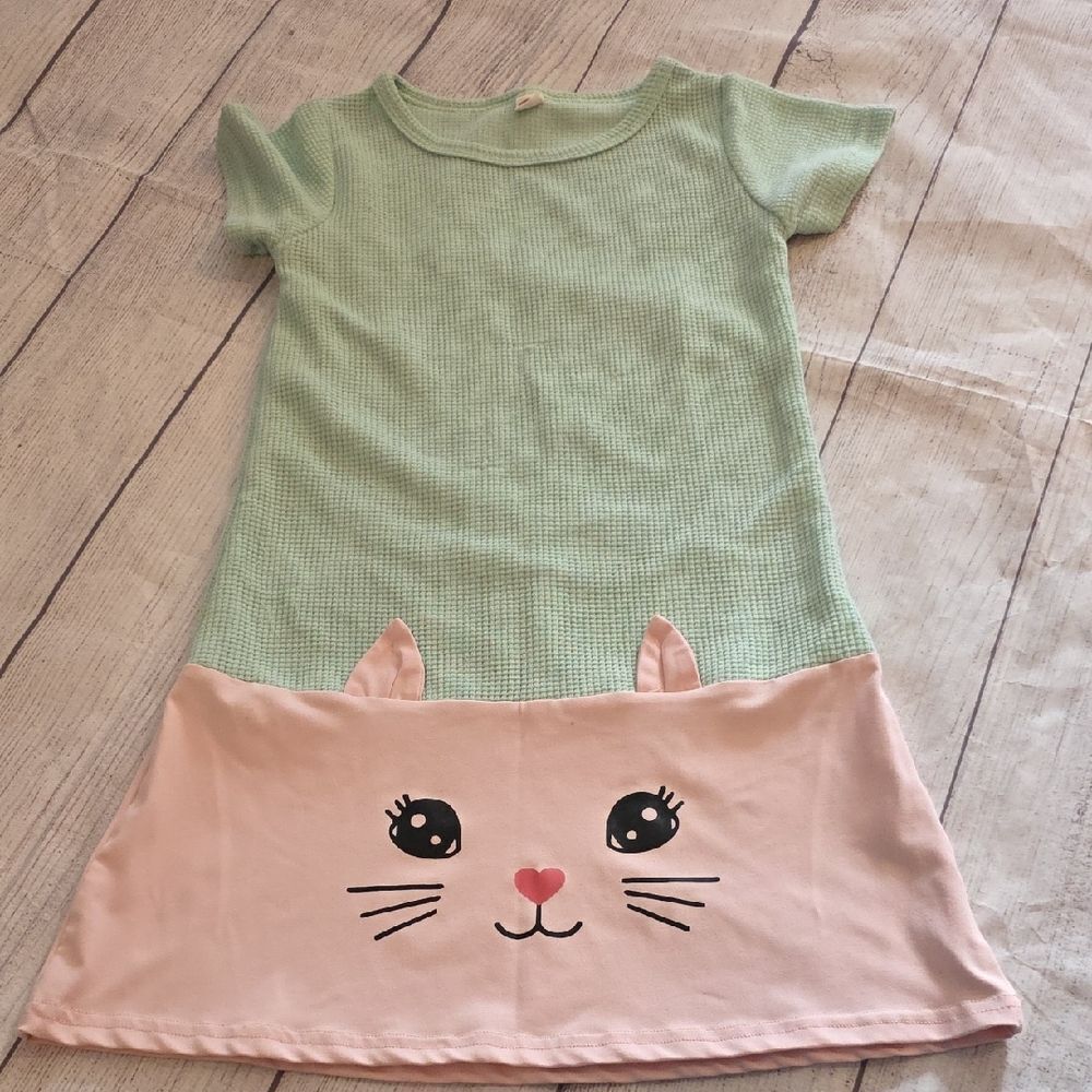 SHEIN Green and Pink Cat Face Casual Dress